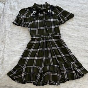 Ranna Gill from Anthropologie Olive Plaid Dress with Floral Embroidery